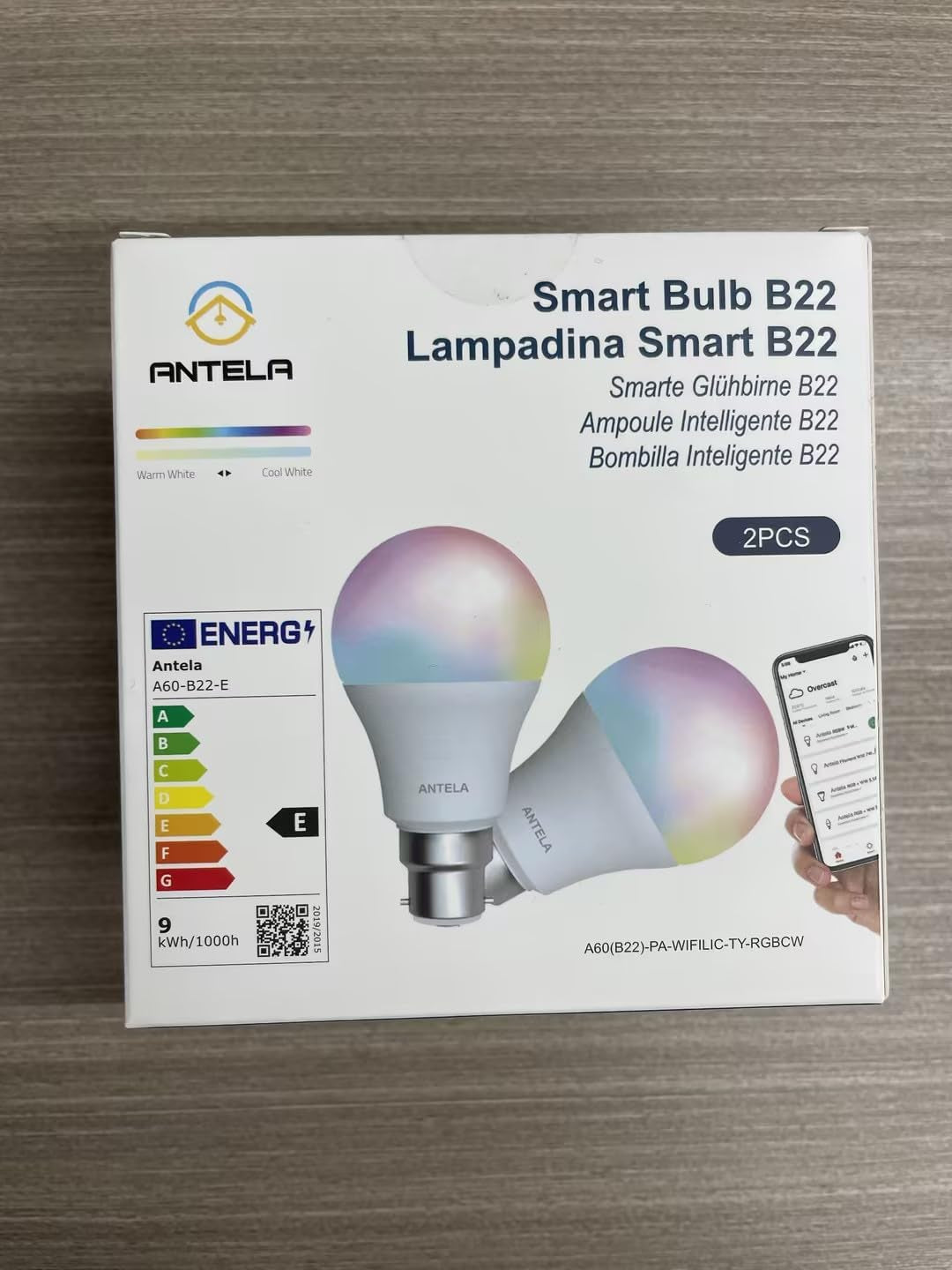 ANTELA Smart Bulb B22 Alexa Light Bulbs, 9W 1000LM LED Wifi Bulb, 2700K-6500K RGB Dimmable Colour Changing, Smart Life App Control, Compatible with Alexa, Google Home, No Hub Required, 2 Packs