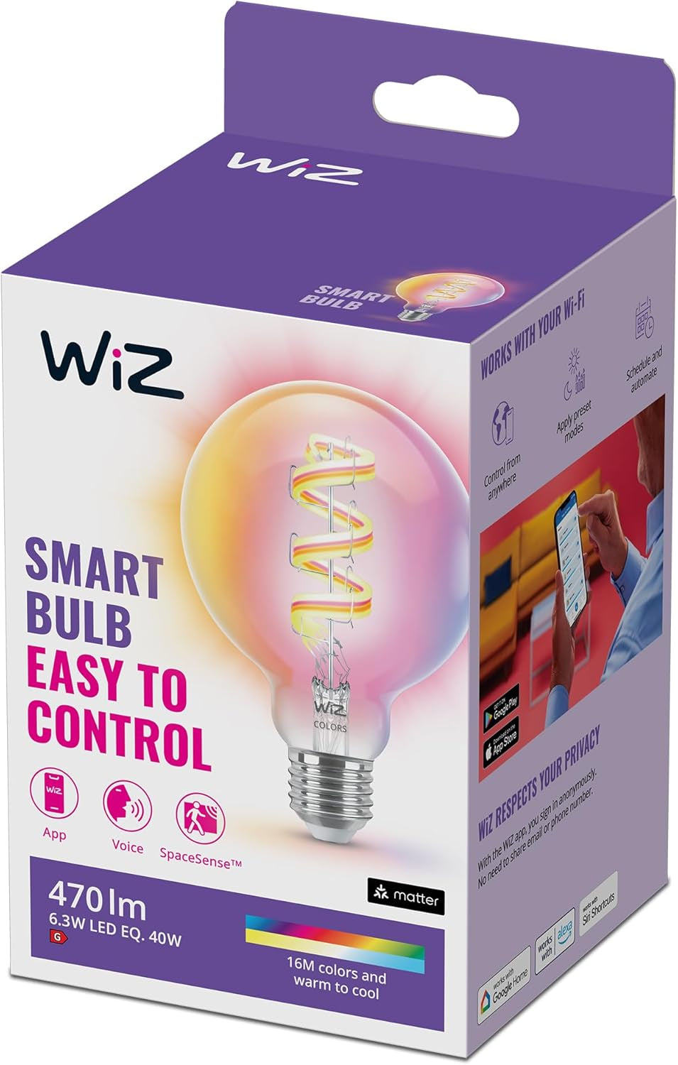 Wiz Smart Bulb, E27 Globe Shape Colour LED Bulb, Smart Dimming LED, Wifi Works with Alexa, Google Assistant & Homekit, App Control for Livingroom, Bedroom, Dining Room, Energy Monitoring