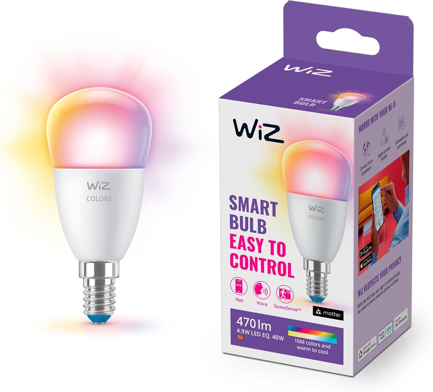 Wiz Smart LED Bulb, Colour [E27 Edison Screw] 40W, Smart LED Connected Wifi Works with Alexa, Wi-Fi/Bluetooth, 40W App Control Livingroom, Bedroom, Easy Plug and Play, Packaging May Vary