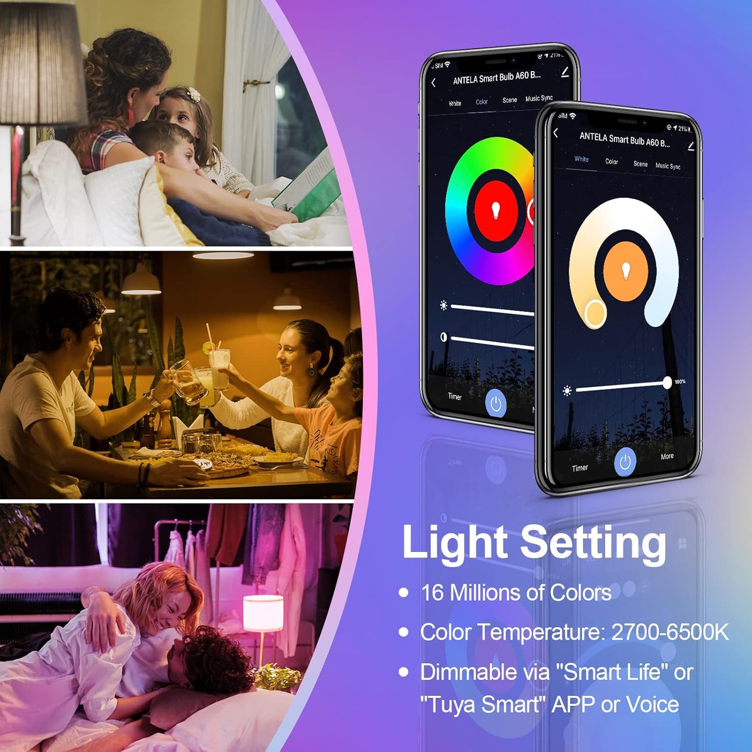 ANTELA Smart Bulb B22 Alexa Light Bulbs, 9W 1000LM LED Wifi Bulb, 2700K-6500K RGB Dimmable Colour Changing, Smart Life App Control, Compatible with Alexa, Google Home, No Hub Required, 2 Packs