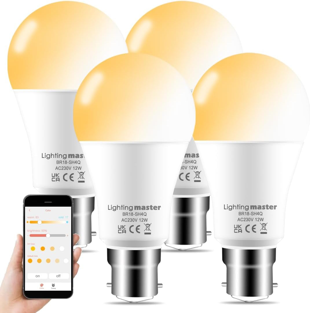 Lighting Master Alexa Light Bulbs 12W, Bluetooth Smart Bulb Warm White to Daylight Dimmable，B22 Bayonet Light Bulb with APP and Voice Control for Bedroom Kitchen Living Room (4 Packs)