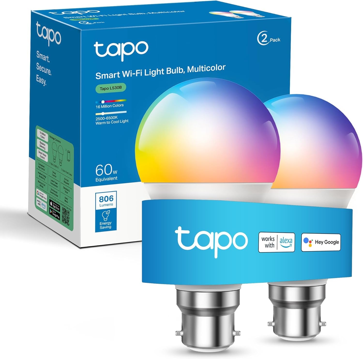 Tapo Smart Bulb, Smart Wi-Fi LED Light, B22, 60W, Energy Saving, Works with Amazon Alexa and Google Home, Colour-Changeable, No Hub Required Tapo L530B(2-Pack)[Energy Class F], Multicolor