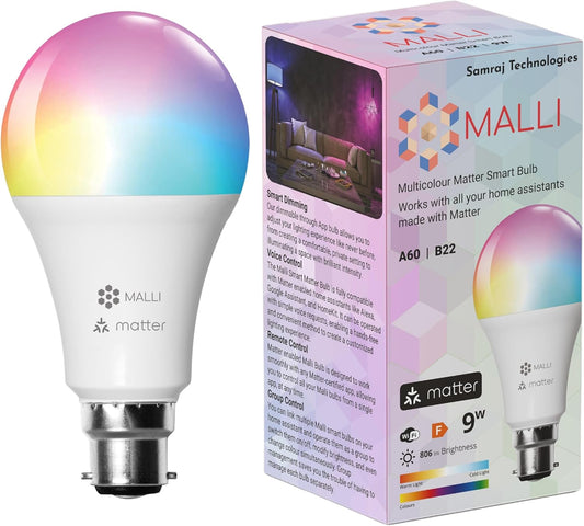 Samraj Technologies MALLI Smart LED Light Bulb Made with Matter for Color and White Temperature Control, Works with Matter Home Systems, Brightness and Color Adjustable(Needs Hub)