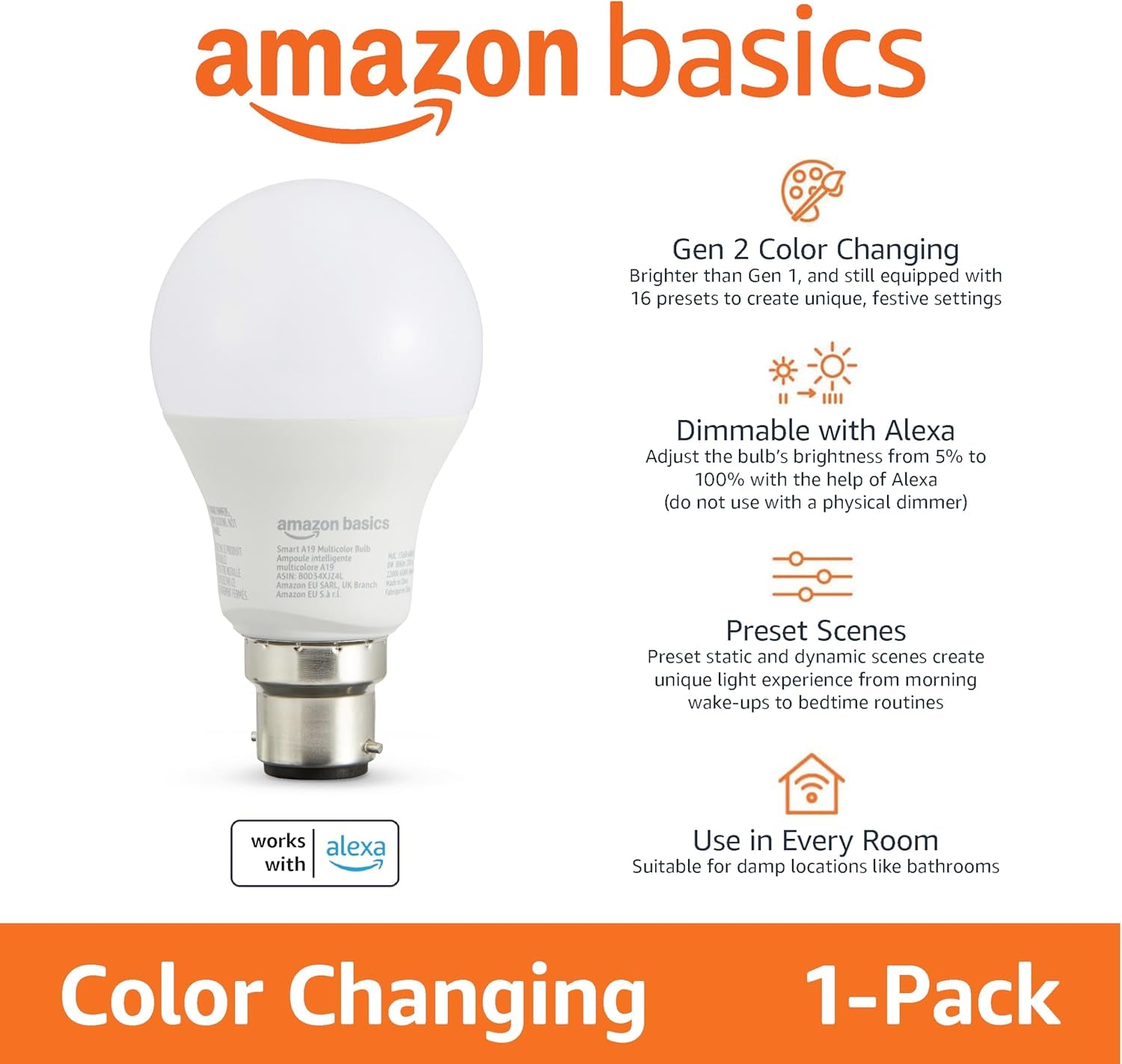 Amazon Basics Smart A60 Multicolor LED Light Bulb, B22 Base, 2.4Ghz Wifi, 8W (60W Equivalent), Works with Alexa Only, 1Pk