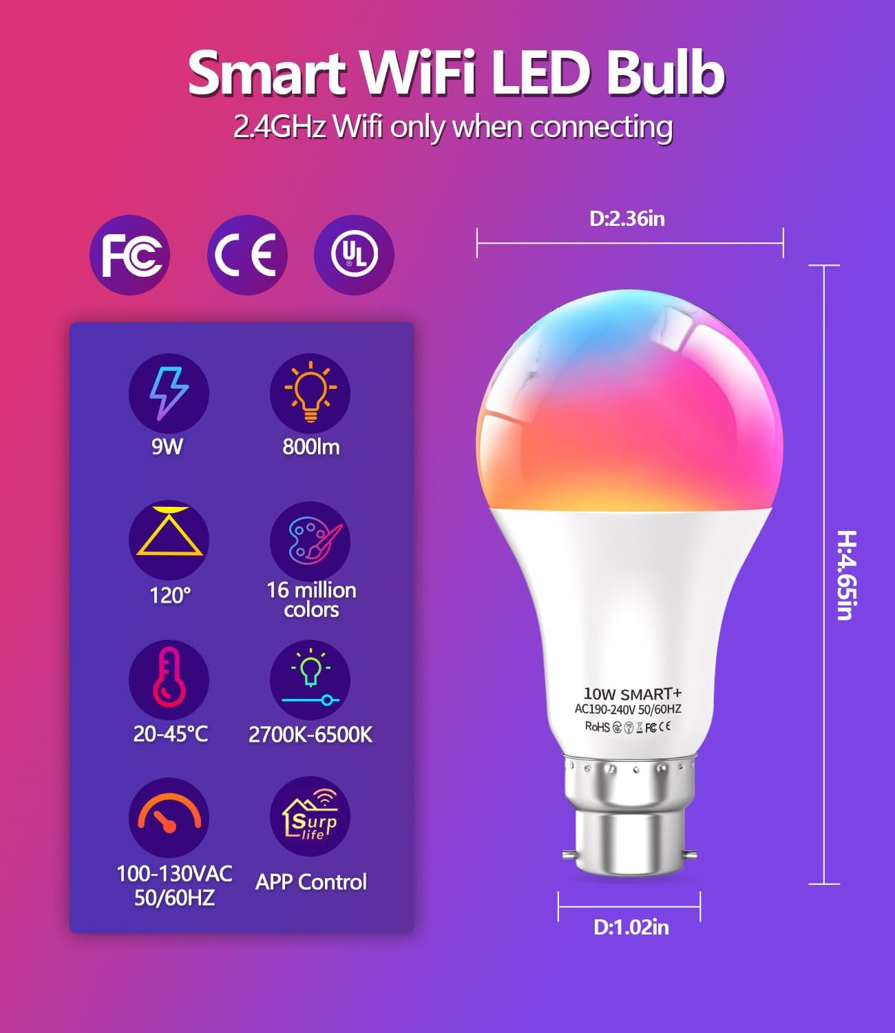 Keepsmile B22 Smart Light Bulbs, 10W Wifi Bluetooth Music Sync Color Changing RGBWW Smart Bulbs That Work with Alexa, Google Assistant & Google Home, Dimmable 800LM & 16 Million Colors LED Bulb (4)