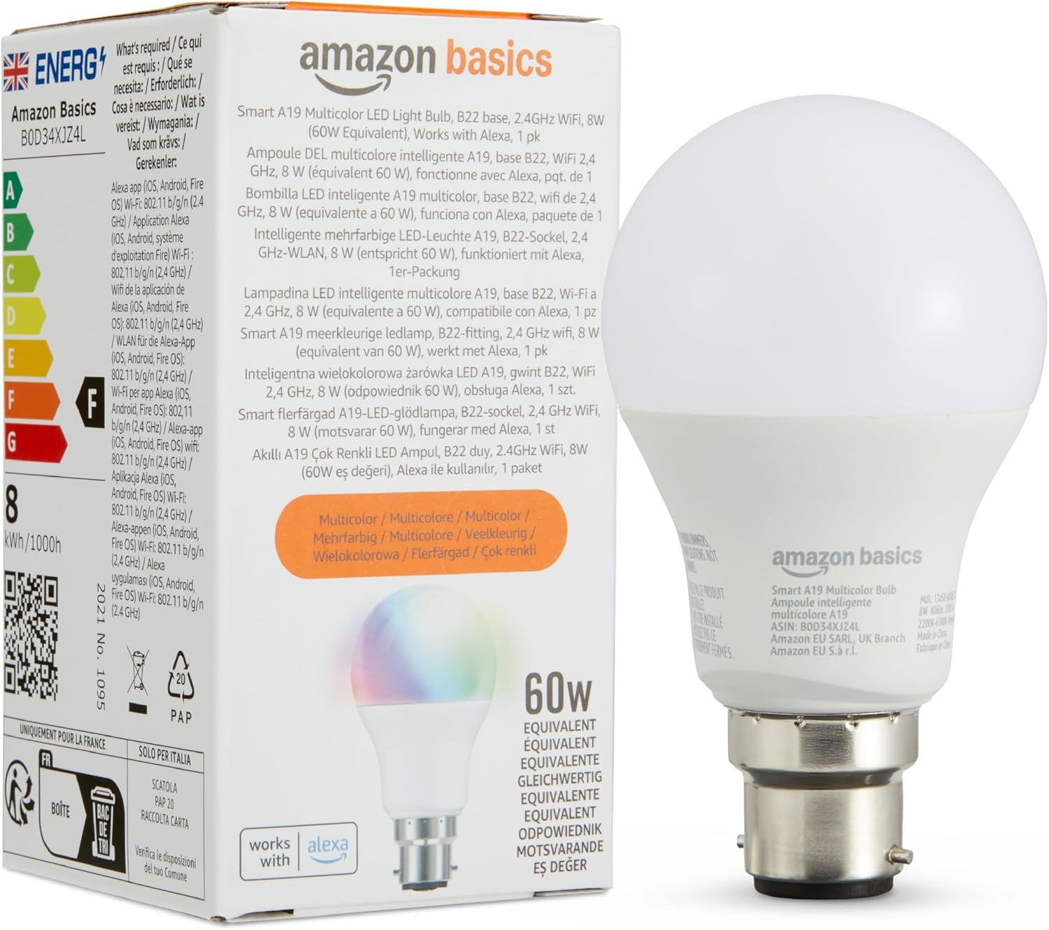 Amazon Basics Smart A60 Multicolor LED Light Bulb, B22 Base, 2.4Ghz Wifi, 8W (60W Equivalent), Works with Alexa Only, 1Pk