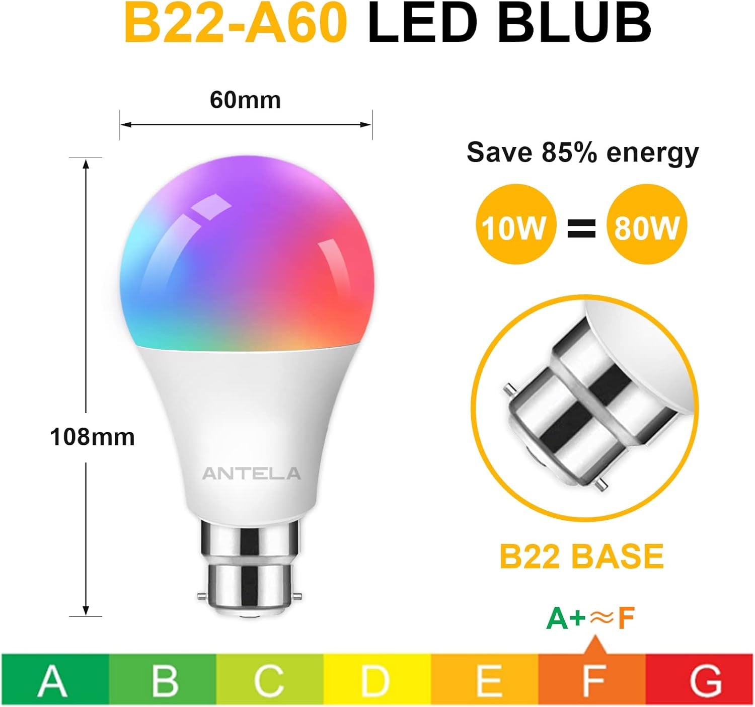 ANTELA Smart Bulb B22 Alexa Light Bulbs, 9W 1000LM LED Wifi Bulb, 2700K-6500K RGB Dimmable Colour Changing, Smart Life App Control, Compatible with Alexa, Google Home, No Hub Required, 2 Packs