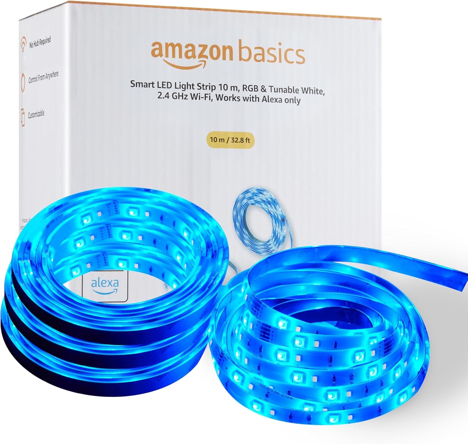 Amazon Basics Smart LED Light Strip 10M, RGB & Tunable White, 2.4 Ghz Wi-Fi, Works with Alexa Only, Multicolor