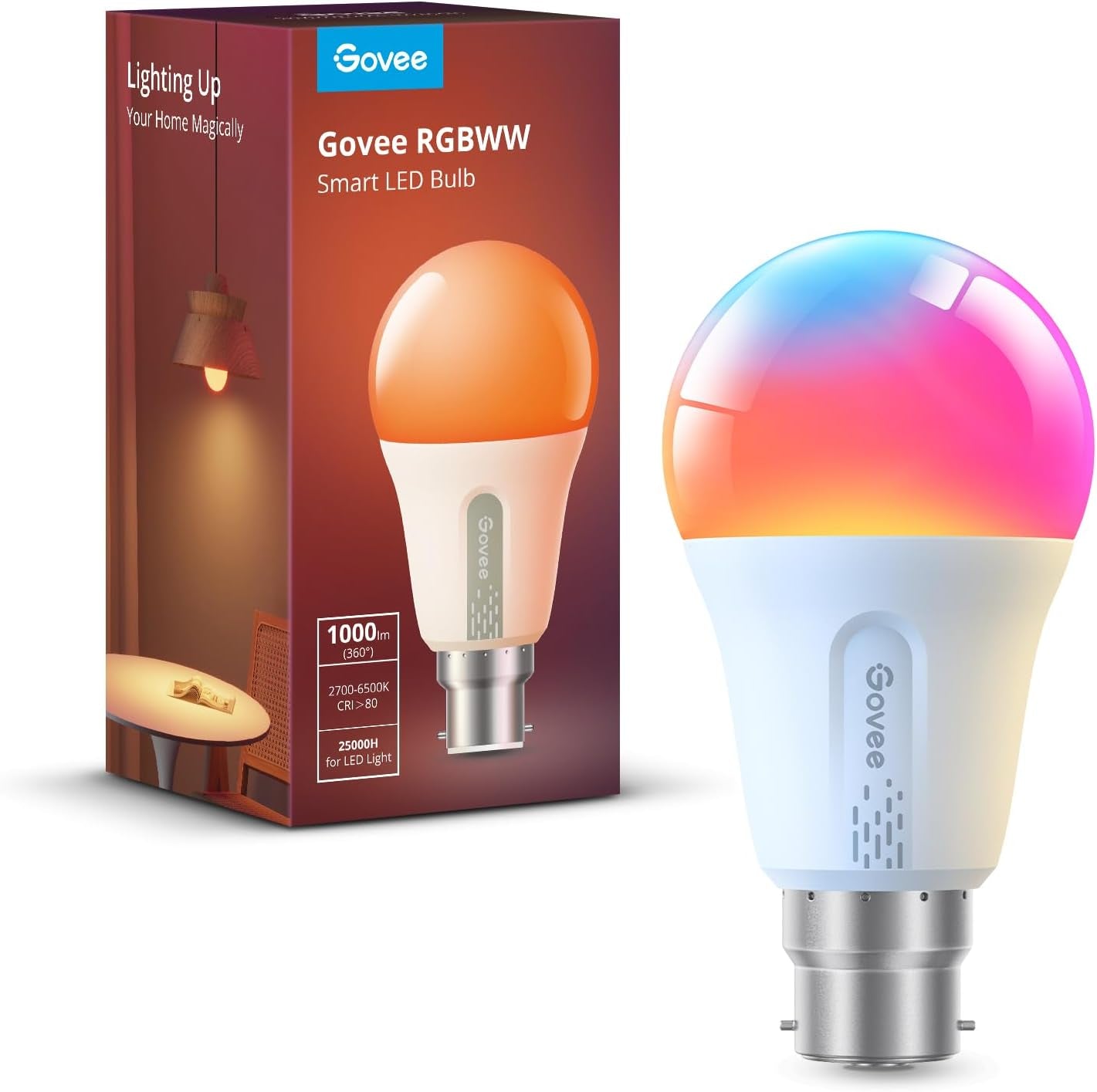 Govee Smart Bulb RGBWW, 1000Lm Wi-Fi LED Bulbs B22, Smart Light Dimmable, DIY 16 Million Color, 64 Dynamic Scenes, Works with Alexa & Google Assistant, 1 Pack