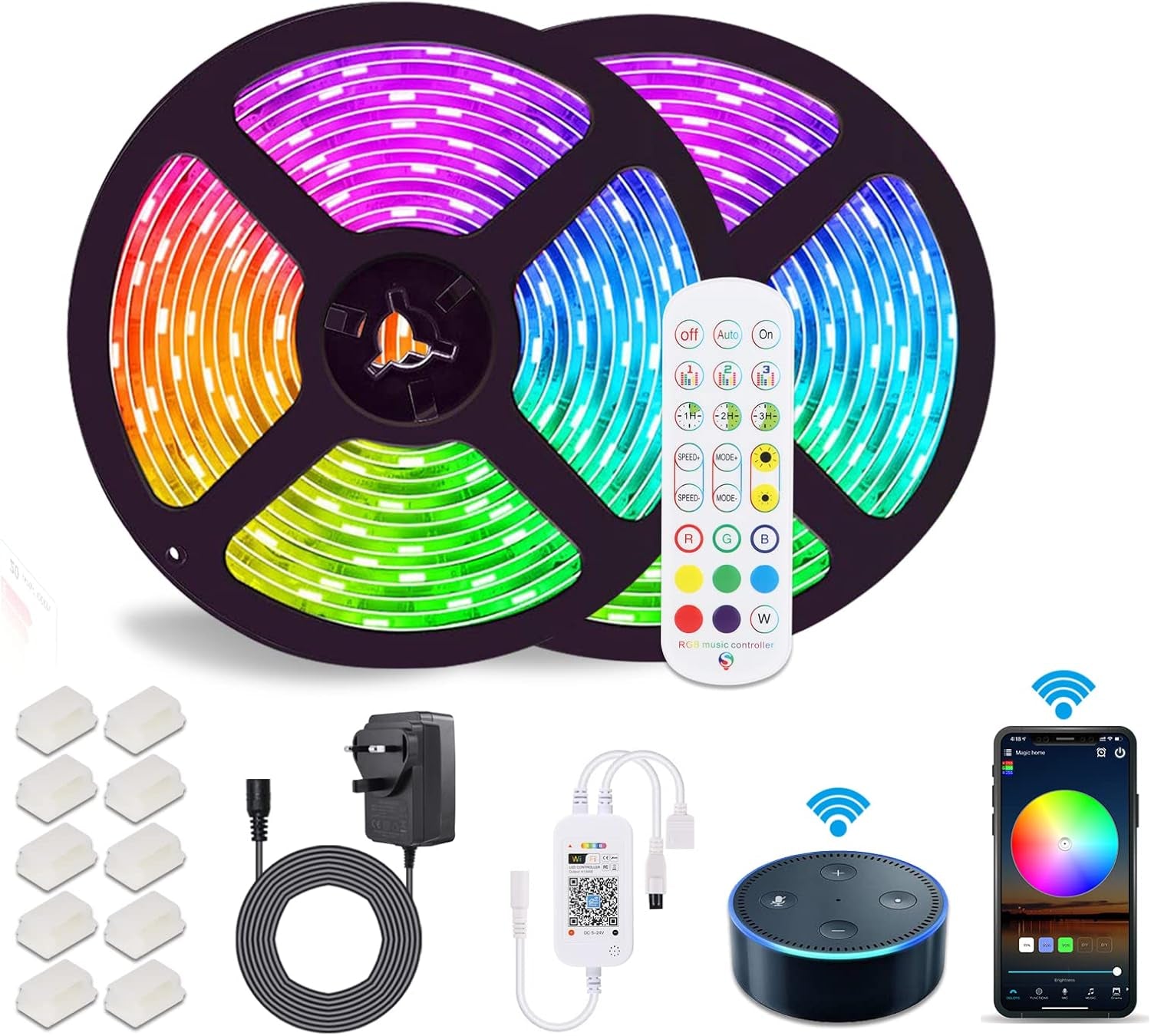 10M Alexa LED Strip Lights with Remote Waterproof Wifi RGB Colors Changing Smart Led Light Strips Music Sync APP Control Work with Alexa Strips Light for Bedrooms Bar Birthday Party(2X5M)