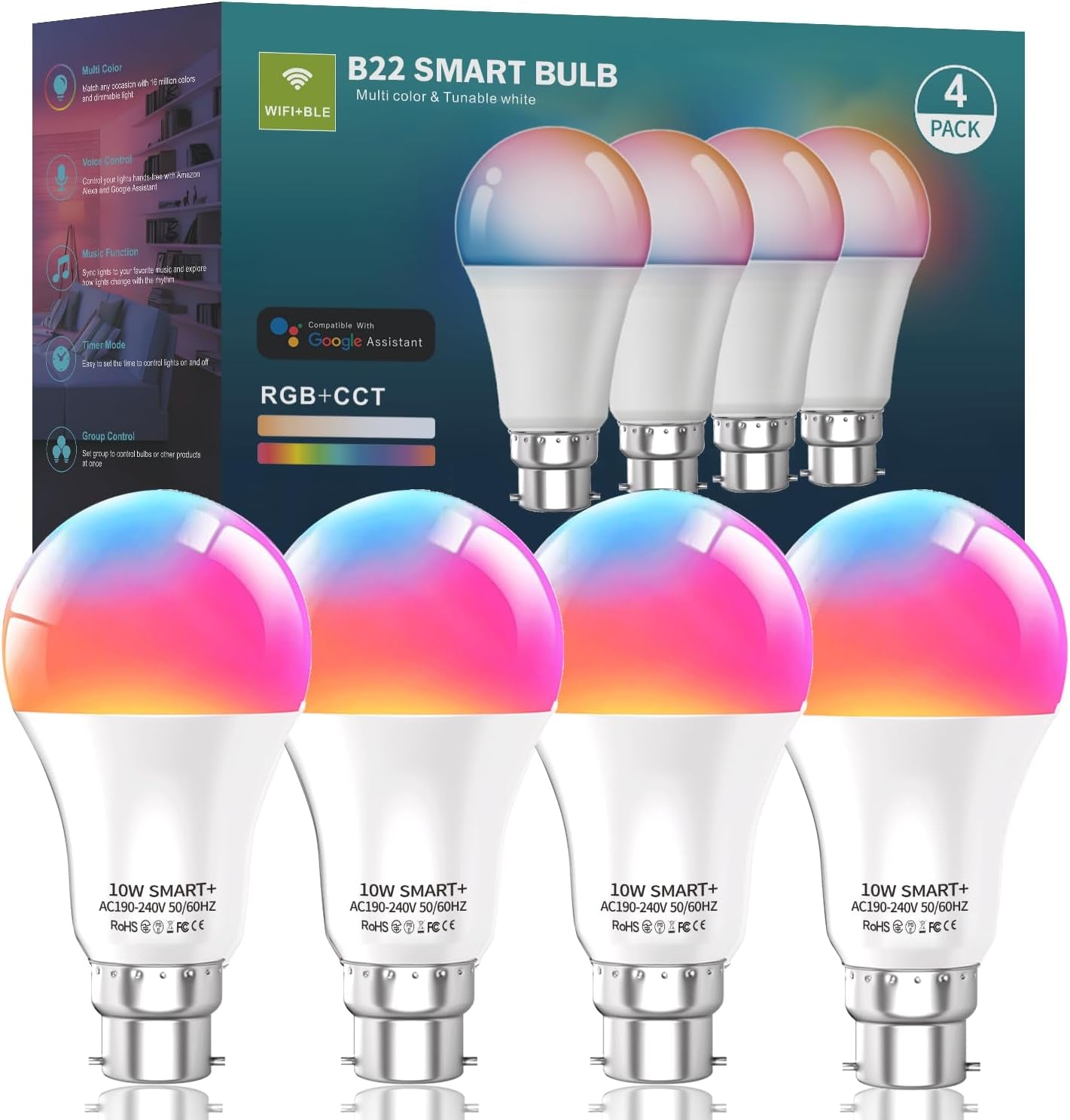 Keepsmile B22 Smart Light Bulbs, 10W Wifi Bluetooth Music Sync Color Changing RGBWW Smart Bulbs That Work with Alexa, Google Assistant & Google Home, Dimmable 800LM & 16 Million Colors LED Bulb (4)