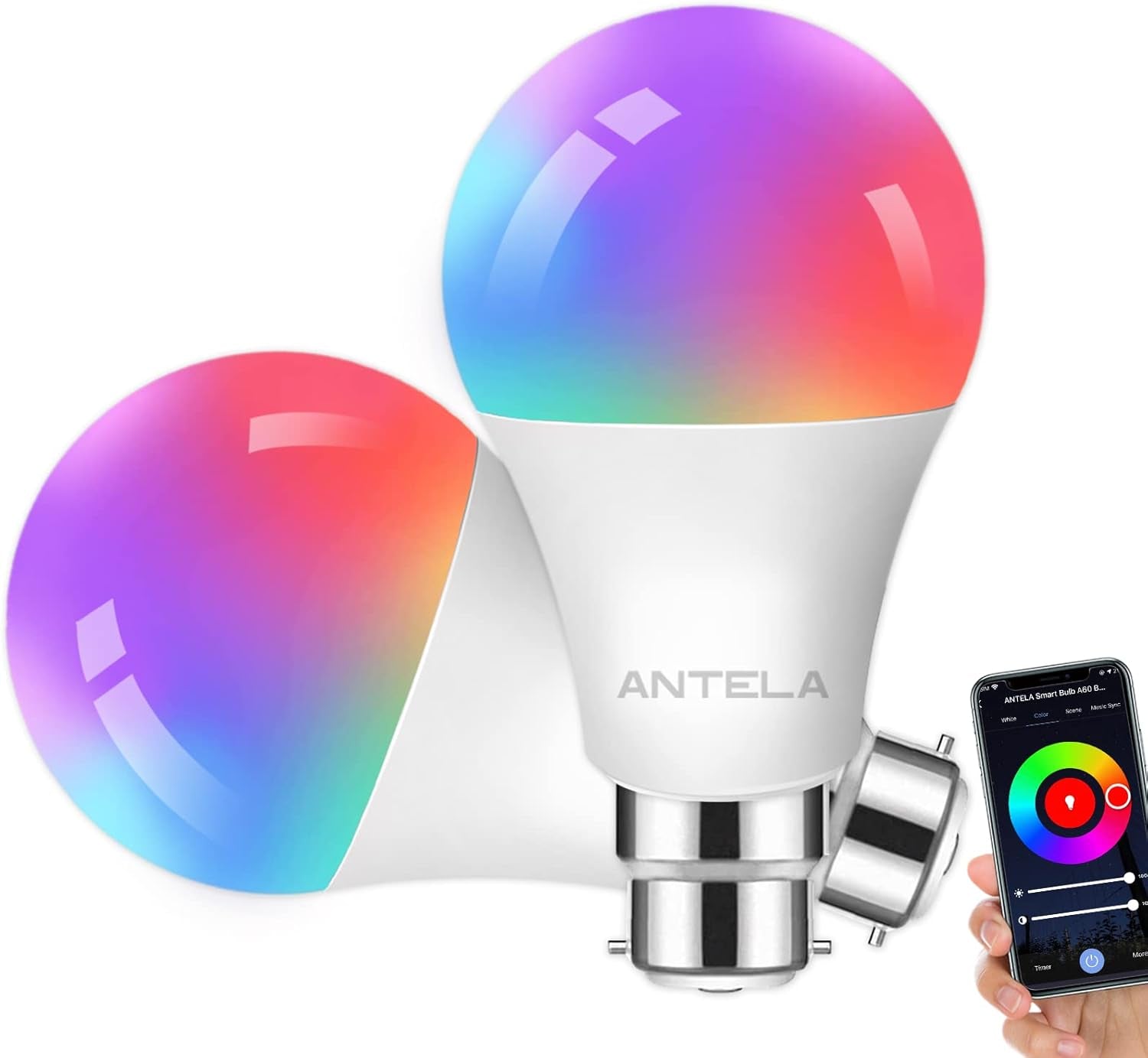 ANTELA Smart Bulb B22 Alexa Light Bulbs, 9W 1000LM LED Wifi Bulb, 2700K-6500K RGB Dimmable Colour Changing, Smart Life App Control, Compatible with Alexa, Google Home, No Hub Required, 2 Packs