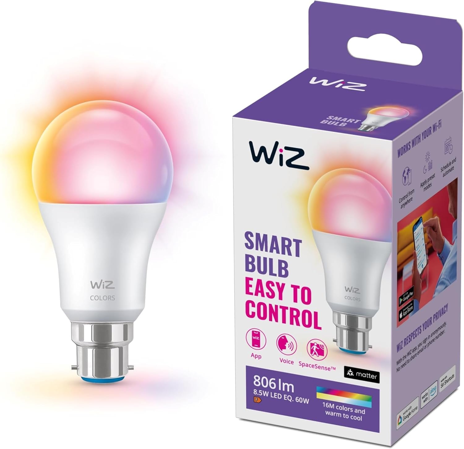 Wiz Smart Colour Bulb, A60, 8.5W, Colour, Motion Sensor with App, Connected Wifi Works with Alexa, Google Assistant & Homekit, App Control for Home Indoor Lighting, Bedroom, Energy Monitoring